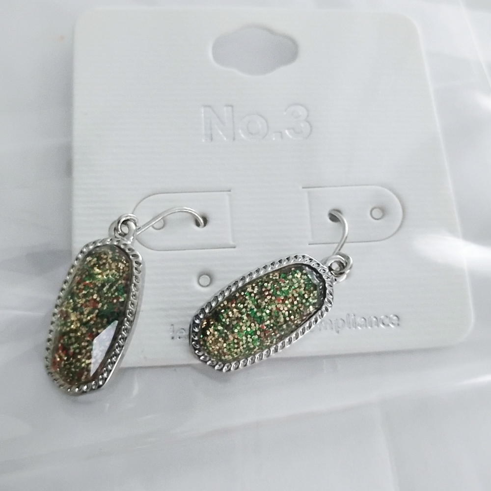 Green Glitter Oval Drop Earrings